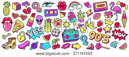 Retro 90s Patches. Cartoon Mouth Lips, Ice Cream, Rainbow, Cherry And Banana Stickers, Nineties Pop 