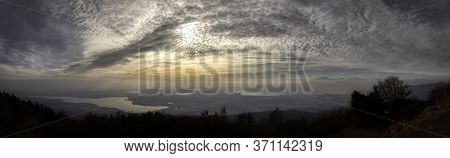 Great Panorama At Sunset On The Lakes In Backlight, Varese