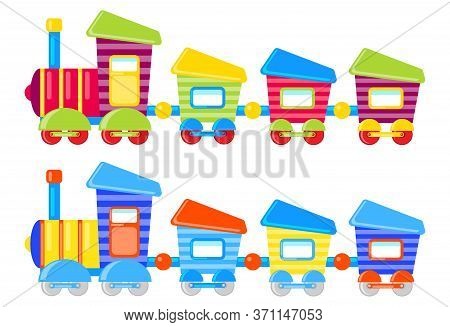 Cartoon Color Children's Train With Wagons. Set Of Two Colored Children's Trains. Vector Illustratio