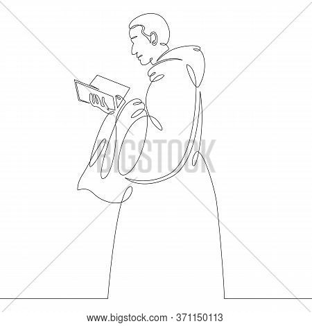 One Continuous Drawing Line Catholic Monk In Cassock Reads Bible .single Hand Drawn Art Line Doodle 
