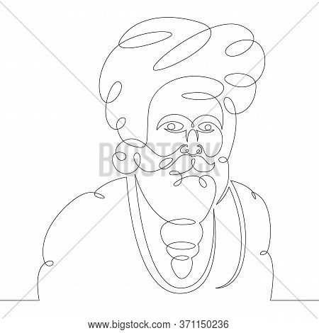 One Continuous Drawing Line Portrait Of Indian Bearded Brahman .single Hand Drawn Art Line Doodle Ou