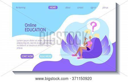 Web Page Template For Online Education And E-learning. The Girl Studies And Solves The Task. Stock M