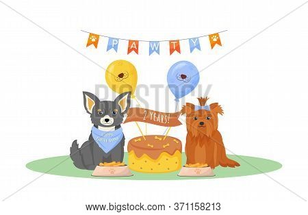 Dog Birthday Flat Color Vector Character. Cute Puppy In Festive Hat. Safe Cake For Domestic Animal. 