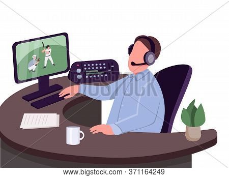 Sports Commentator Flat Color Vector Faceless Character. Sportive Event Commentary Isolated Cartoon 