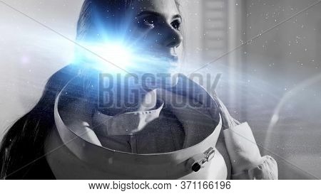 Inner Universe, A Concept Of Human Consciousness And Intelligence. A Young Woman In A Space Suit And