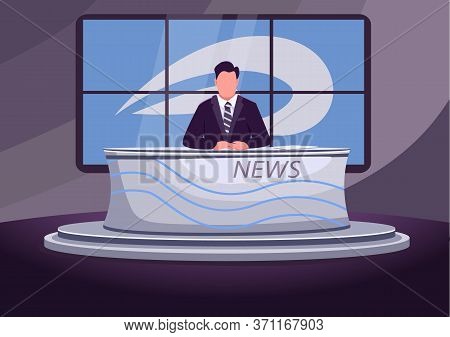 News Broadcast Flat Color Vector Illustration. Professional Newscaster, Newsreader, Anchorman 2d Car