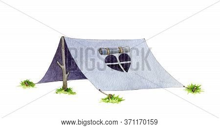 Hiking Or Camping Blue Tent Watercolor Image. Hand Drawn Cartoon Camp Tent Illustration With Heart S