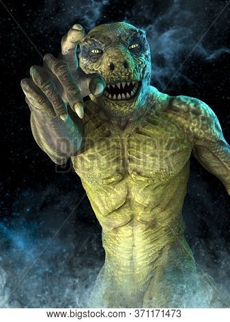 Reptilian Monster Pointing With Its Finger On The Space With Bright Stars Behind. 3d Illustration.