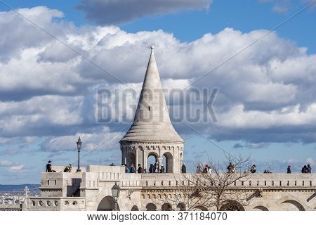 Budapest, Hungary - Feb 11, 2020: Cumulostratus Clouds Over Fishermans Bastion In Sunny Winter Morni