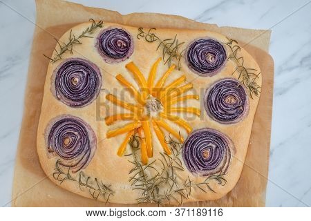 Home Made Gardenscape Focaccia Bread On A Table