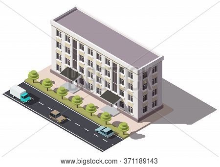Public Residential Building Isometry. Isometric View Of The House And Cars. 3d Object For Video Game