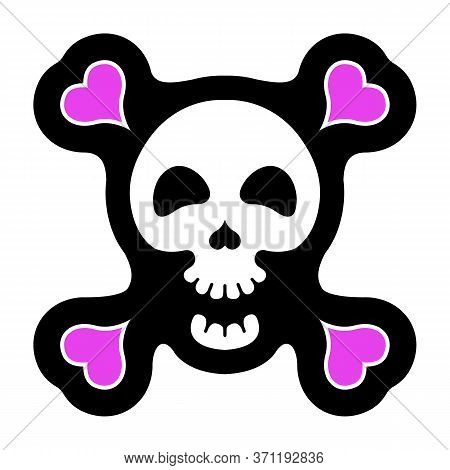 Skull With Hearts For Print Or Stickers.  Cartoon Vector Illustration.