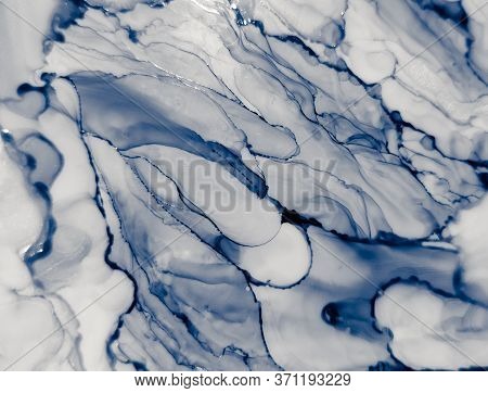 Water Alcohol Ink Design. Alcohol Ink Texture. Indigo, Gray Foil Marble Texture. Indigo Blue Shimmer