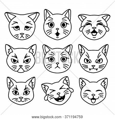 Different Cat Emotions On White Background. Cat Face Set.