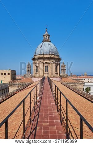 Main Cupola Of Palermo Cathedral During Brignt Day