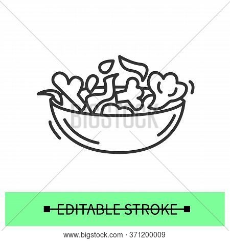 Broccoli Vegetable Salad Line Icon.veggie Fresh Ingredients In A Bowl. Homemade Healthy Lunch Or Din