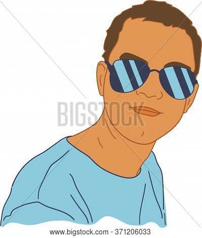 Vector Portrait Of A Young Man Wearing Sun Glasses. Summer Season Theme. Young Handsome Man In Blue 