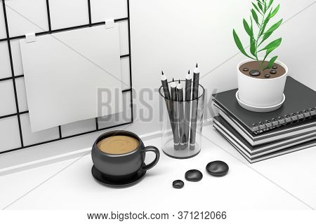 Workplace Table With Memo Board, Coffee Cup, Pencils In A Glass, Pile Of Notebooks And Potted House 
