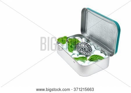 Tin Box With Breath Mints, A Detailed Copy Of Human Brain And Some Green Mint Leaves Inside. Text Fr