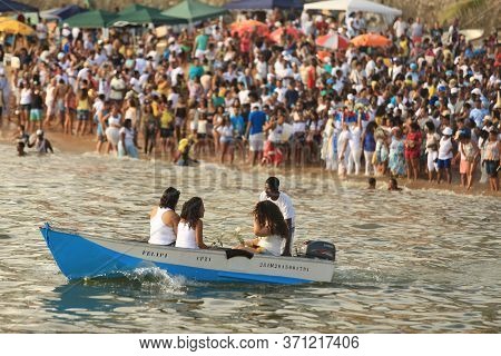 Salvador, Bahia / Brazil - February 2, 2016: Candomble Supporters And Supporters Greet The Yemanja O