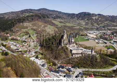 Beautiful View From The Top Of The Town In A Mountain Valley. You Can See The Roads, The River And T
