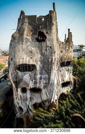 Da Lat, Vietnam - April 4, 2016: Gray Concrete Building At Crazy House Hotel
