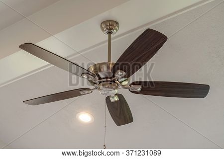 Electrical Fan With Built In Lights Installed On Decorative Wooden Ceiling Beam