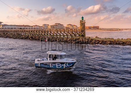 Hossegor, France. 17.05.2020. Sea Boat In The Morning Going To Fishing. High Quality Photo