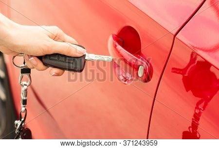 Close-up, Girl Opens The Door Car By Key