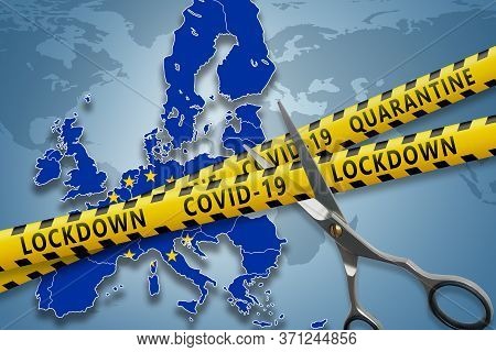 Lockdown Is Over Concept.the End Of The Covid-19 Pandemic. Scissors Cut A Yellow Ribbons With Text C