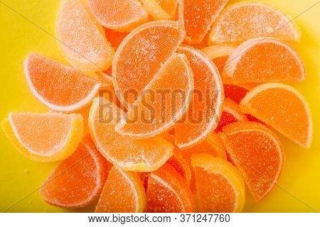 Macro Photo Multi-colored Marmalade Jelly Candys. Dessert Marmalade In The Form Of Lemon And Orange 
