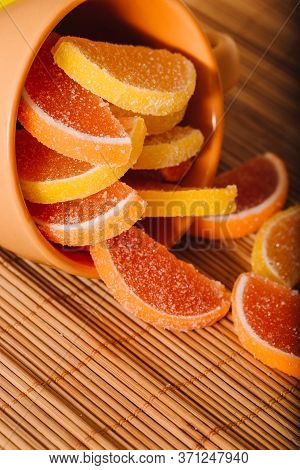 Macro Photo Multi-colored Marmalade Jelly Candys. Dessert Marmalade In The Form Of Lemon And Orange 