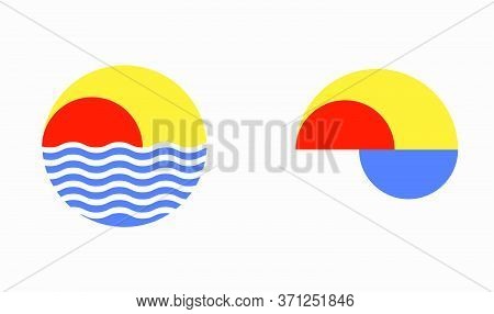 Set Of 2 Minimal Design Vector Illustrations For Beach, Summer, Sun And Ocean. Vector Logo Elements 