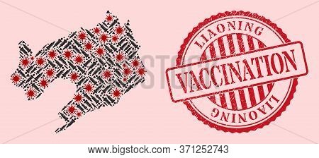Vector Collage Liaoning Province Map Of Corona Virus, Vaccine Icons, And Red Grunge Vaccination Seal