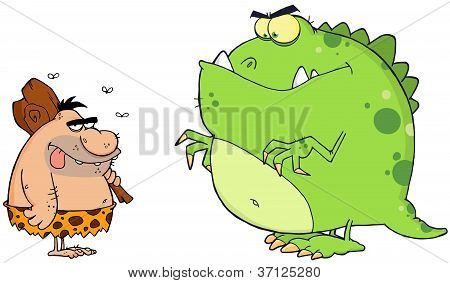 Cavernicolo e personaggi dei cartoni animati di dinosauro arrabbiato