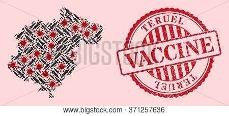 Vector Mosaic Teruel Province Map Of Flu Virus, Treatment Icons, And Red Grunge Vaccination Seal Sta