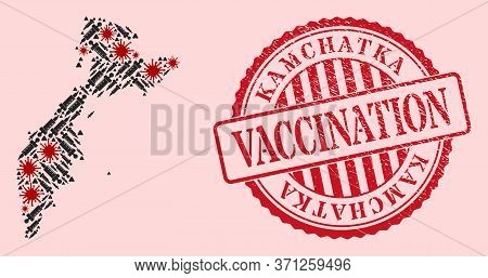Vector Collage Kamchatka Map Of Flu Virus, Vaccination Icons, And Red Grunge Vaccine Seal. Virus Ite