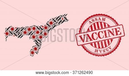 Vector Mosaic Assam State Map Of Sars Virus, Vaccine Icons, And Red Grunge Vaccine Seal Stamp. Virus