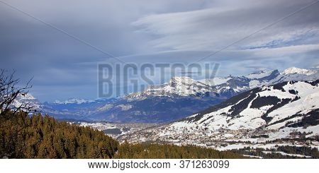 Panoramic View Of The Mountains Of France On A Winter Sunny Day. Haute Savoy, France. Snow Park.