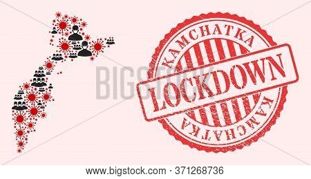 Vector Collage Kamchatka Map Of Flu Virus, Masked People And Red Grunge Lockdown Seal Stamp. Virus C
