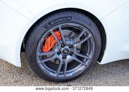 Bordeaux , Aquitaine / France - 10 17 2019 : Alpine A110 Supercar Sports Automobile Modern Car Wheel