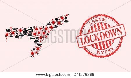 Vector Collage Assam State Map Of Flu Virus, Masked People And Red Grunge Lockdown Stamp. Virus Item