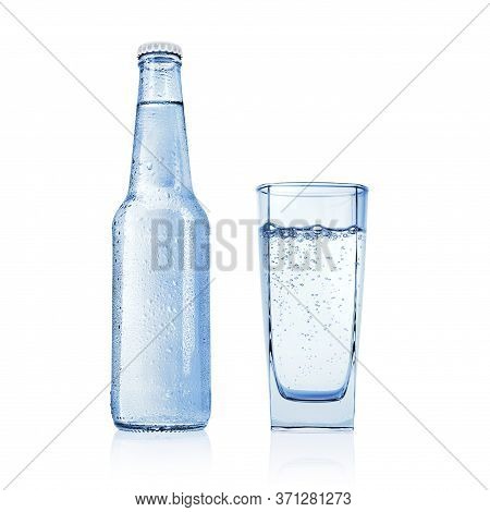 Blue Bottle With Still, Spring Or Mineral Water And Full Glass Isolated On White Background.