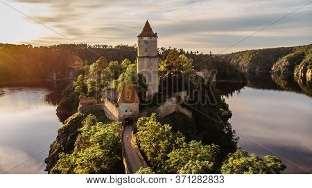 Aerial Beautiful View Of Zvikov Castle, Czech Republic.picturesque Landscape With Castle, Trees And 