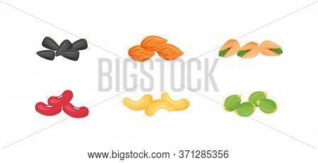 Seeds, Nuts, Beans Cartoon Vector Illustrations Set. Sunflower And Pumpkin Seeds. Almonds, Pistachio