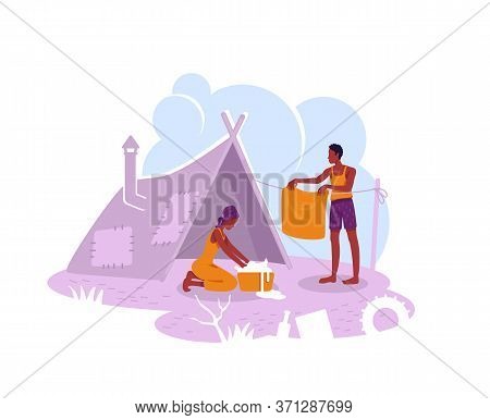 Refugee Camp 2d Vector Web Banner, Poster. Illegal Migrant Temporary Shelter Flat Characters On Cart