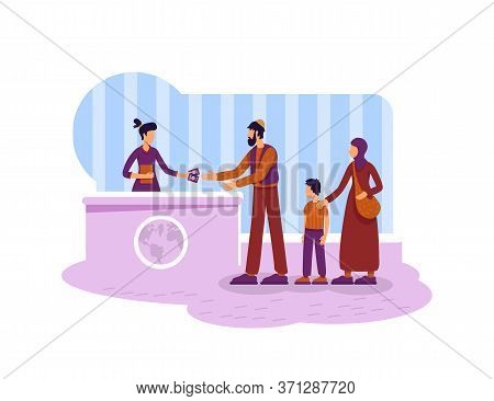 Legal Migration 2d Vector Web Banner, Poster. Refugees Muslim Family Flat Characters On Cartoon Back