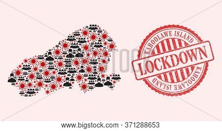 Vector Collage Kahoolawe Island Map Of Sars Virus, Masked People And Red Grunge Lockdown Stamp. Viru