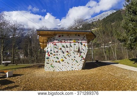 Zell Am Ziller, Austria - March 8, 2020: Small Climbing Wall At The Playground In The Park. Zell Am 