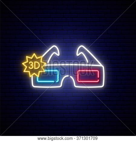 Neon 3d Glasses Sign. Bright Glowing Cinema Glasses Emblem. Concept 3d Cinema Design. Stock Vector I